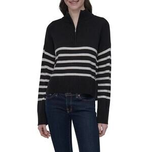 NWT DKNY Black White Striped Quarter 1/4 Zip Sweater Women's Size Large